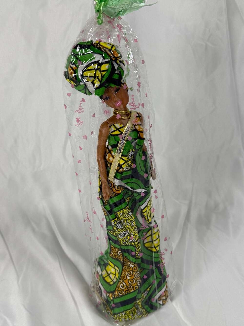 Fashion Doll in Authentic African Print Dress and Headwrap with Sash
